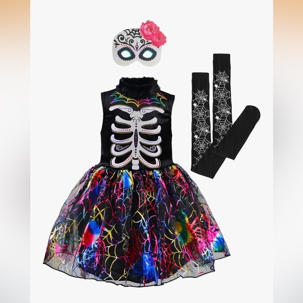 NWT Colorful Skeleton Girls Costume 8-10 yrs dress socks and felt mask